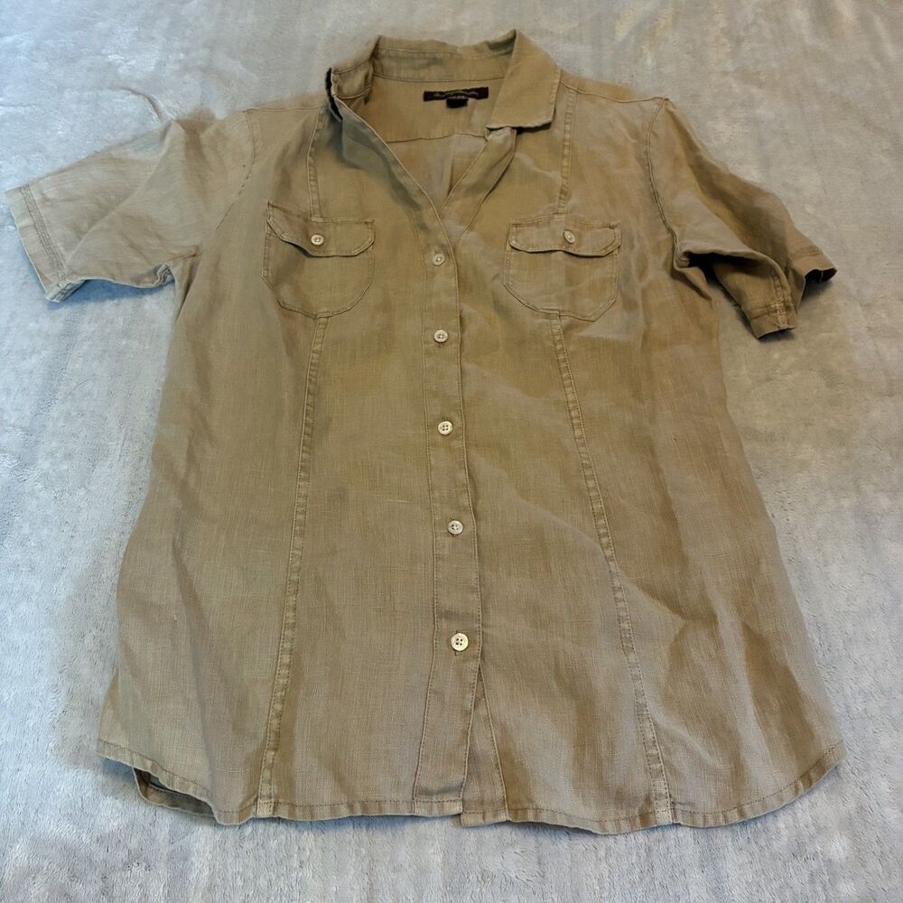 Tommy Bahama Womens Beige Linen Short-Sleeve Button-Up Shirt Front Pockets XS